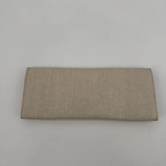 Vintage Beige Long Linen Fabric Envelope Clutch Bag Gold Tone - Picture 5 of 11